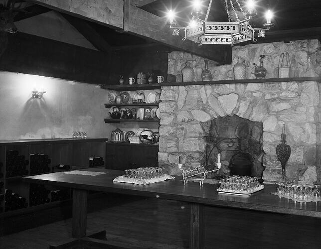 Monochrome photograph of a wine store.