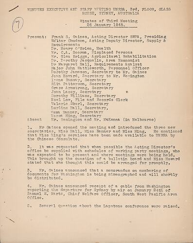 Minutes - Executive and Staff Meeting, United Nations Relief and Rehabilitation Administration, Sydney, Australia, 26 Jan 1945