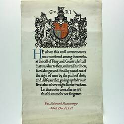 Commemoration Certificate - Private Edward Pummeroy, 58th Battalion, World War I, 1917-1919