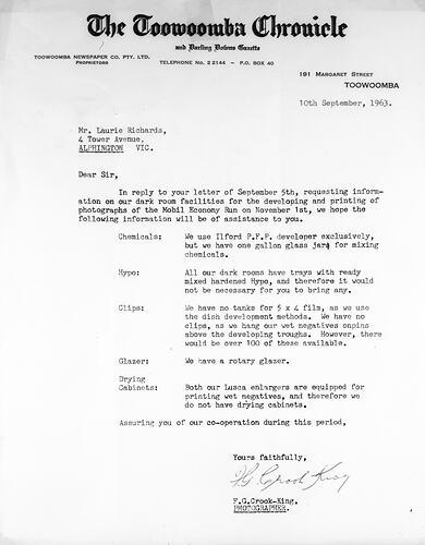 Letter, The Toowoomba Chronicle, to Laurie Richards, Information on Darkroom Equipment, 10 Sep 1963