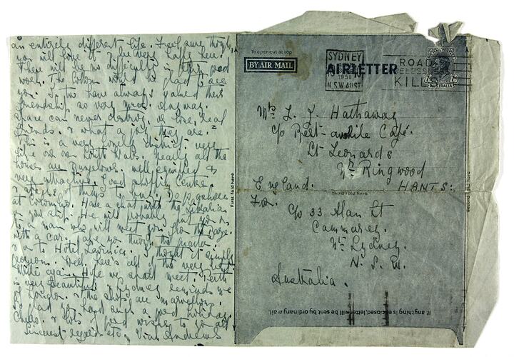Aerogramme - To Lucy Hathaway, England from Vial Andrews, Sydney New South Wales, 21 Aug 1951