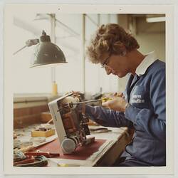 Photograph - Worker Modifying Imported Electrical Equipment, Camera, Reel & Sundries Department, Building 15, Kodak Factory, Coburg, circa 1960s