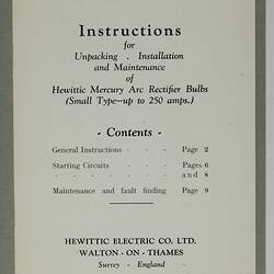 Installation Instructions - Hewittic Electric Co, Unpacking, Installation & Maintenance, Hewittic Arc Rectifier Bulbs, Walton-on-Thames, England, 1944