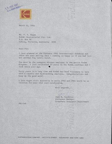 Letter - Jack Caulkins to Pat Hogan, Congratulations for Long Service, 11 Mar 1981
