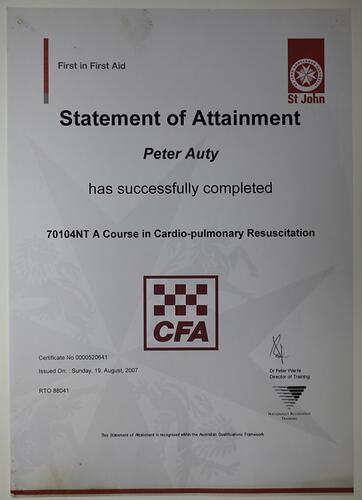 Certificate - St John, 'A Course in Cardio-Pulmonary Resuscitation', Peter Auty, Flowerdale, 19 Aug 2007