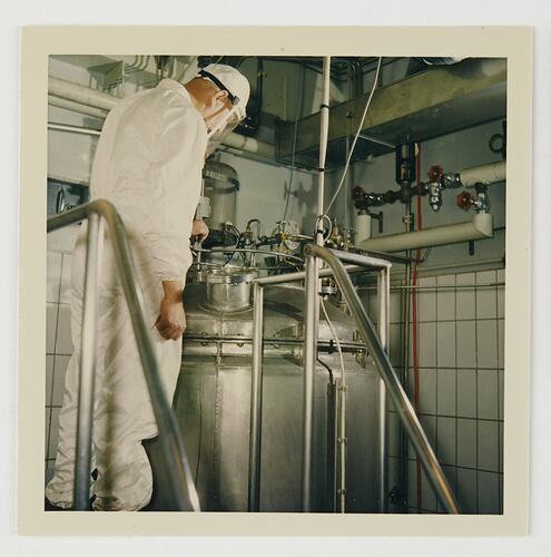 Slide 135, Factory Worker at Retort, Kodak Factory, Coburg, 'Extra Prints of Coburg Lecture' album, circa 1960s