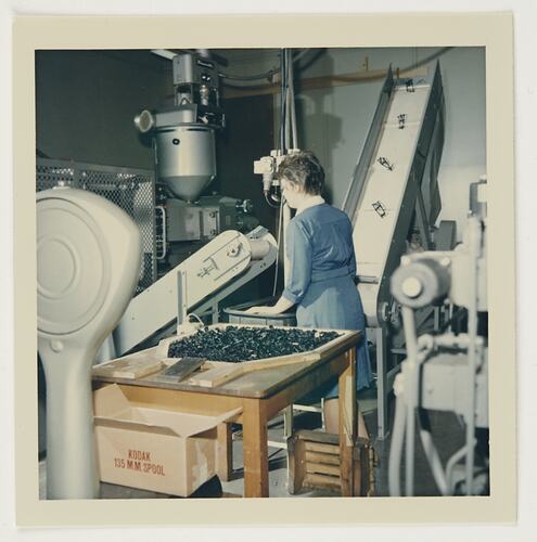 Slide 206, 'Extra Prints of Coburg Lecture', Worker With Plastic Injection Moulding Machinery, Kodak Factory, Coburg, circa 1960s