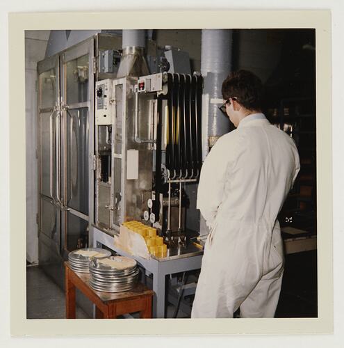 Slide 231, 'Extra Prints of Coburg Lecture', Worker With Film Dryer, Building 20, Kodak Factory, Coburg, circa 1960s