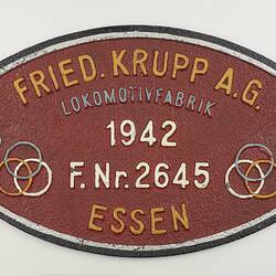 Locomotive Builders Plate - Friedrich Krupp AG, Essen, Germany, 1942