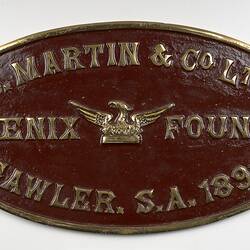 Locomotive Builders Plate - J. Martin & Co., Phoenix Foundry, Gawler, South Australia, 1892