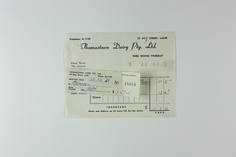 Receipt - Thomastown Dairy Pty Ltd, John Woods, Lalor, 12 Dec 1960