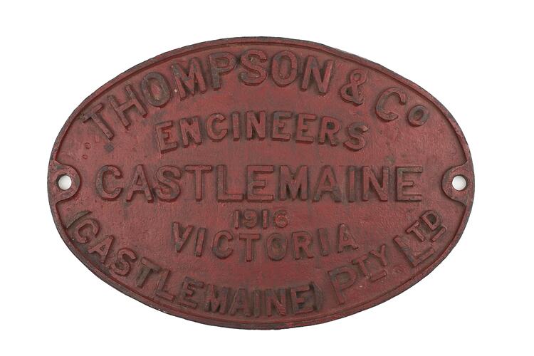 Locomotive Builders Plate - Thompson & Co Pty Ltd, Castlemaine, Victoria, 1916