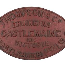 Locomotive Builders Plate - Thompson & Co Pty Ltd, Castlemaine, Victoria, 1916