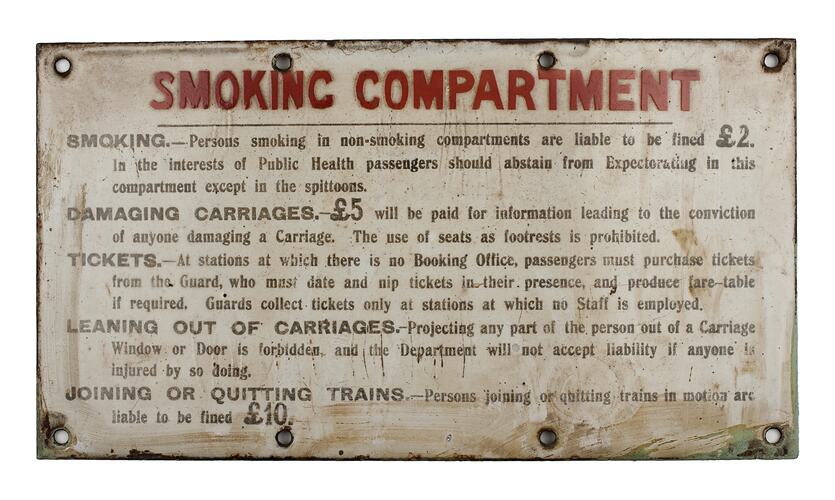 Railway Carriage By-Laws Sign - Victorian Railways, 'Non-Smoking Compartment..'