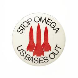 Badge - Stop Omega U.S. Bases Out (white), circa 1965-1985