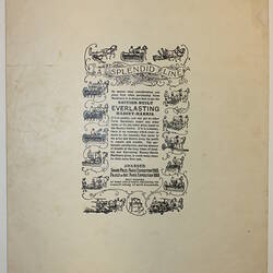 Back cover, white page with printed text surrounded by horse drawn farming equipment.