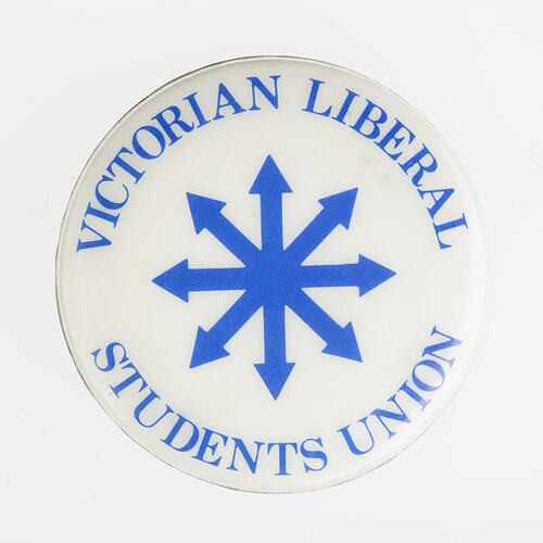 Round white badge, blue text, central blue 8 pointed motif.