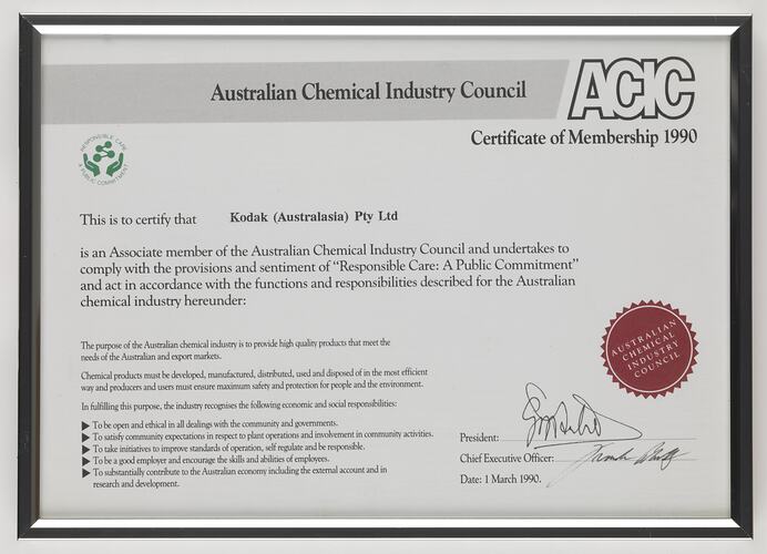 Certificate - Australian Chemical Industry Council Membership, Presented to Kodak, Framed, 1990