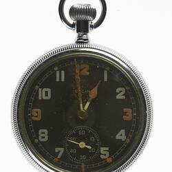 Circular watch face with silver metal rim, silver loop at top and numbers on black watch face.