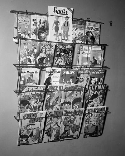 Magazines on display in five tiered rack.
