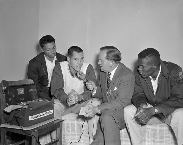 Man Interviewing Olympic Athletes, Melbourne, Victoria, 1956