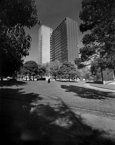 Woman walking through gardens. Motor cars and buildings in the background.