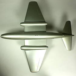 Silver model aeroplane. Underside view.