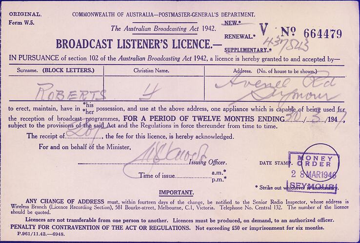 Broadcast Listener's Licence - Commonwealth of Australia, Postmaster General's Department, 28 Mar 1946