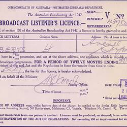 Broadcast Listener's Licence - Frederick & Amelia Roberts, Commonwealth of Australia, Postmaster General's Department, 28 Mar 1946