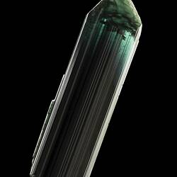 Dark green prsimatic crystal on black background.