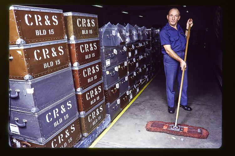 Kodak Australasia Pty Ltd, Man Sweeping Store Room, Coburg, circa 1980s