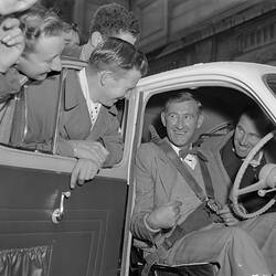 Negative - Crowd Welcoming Two Contestants in their Car from the Redex Trials, Melbourne, May 1954