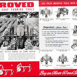 Open booklet, tractor images and text. Red and black printed text.