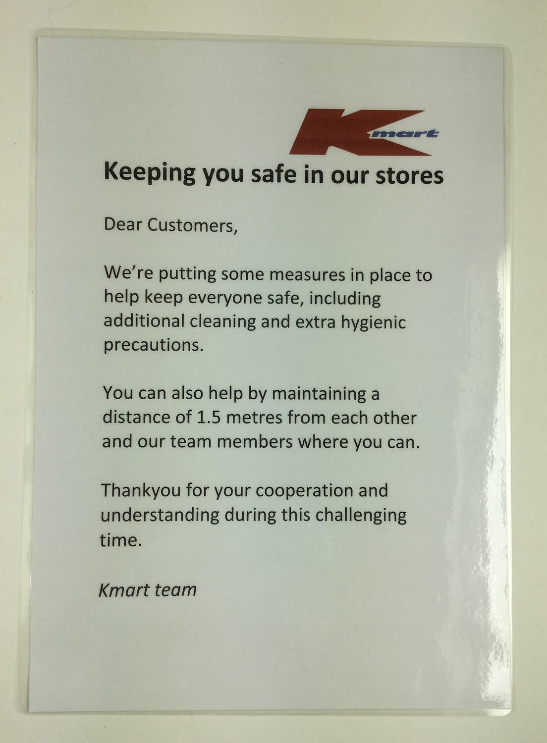 Notice 'Keeping You Safe', Kmart, Melbourne, Mar 2020