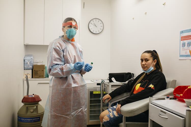 Staff Members Perform Covid Test at First Peoples Health and Wellbeing Clinic, Thomastown, Wurundjeri Woi Wurrung Country, Victoria, 25 Mar 2021