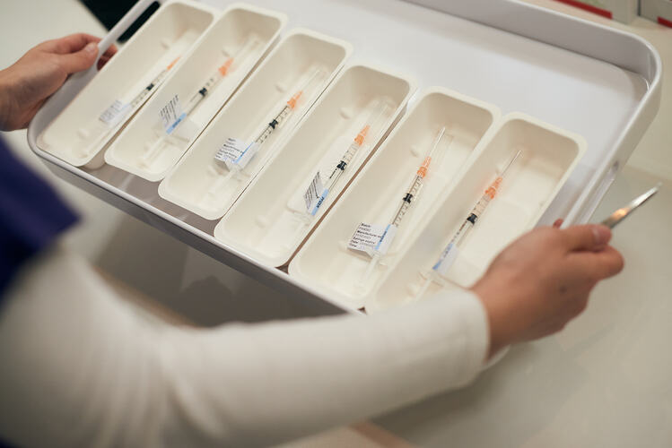 Tray of Prepared Vaccines, St Vincent's Vaccination Hub, Melbourne Museum, 23 Sep 2021