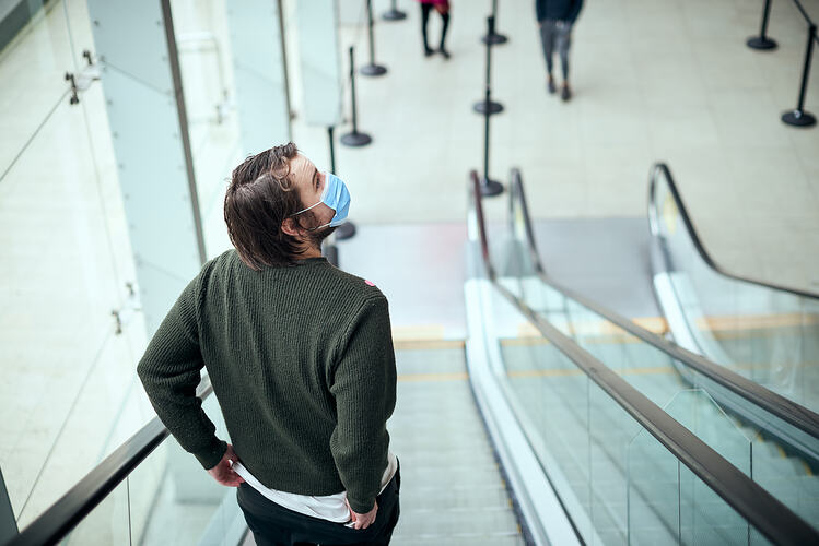Andrew on Escalator, St Vincent's Vaccination Hub, Melbourne Museum, 23 Sep 2021