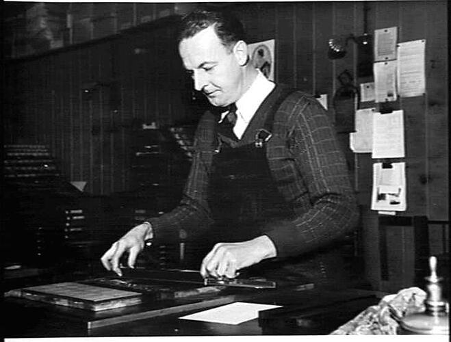 FRANK BARNES IS A COMPOSITOR IN OUR PRINTING DEPARTMENT. ONE OF FRANK'S JOBS IS TO SET THE TYPE FOR THE MANY HUNDREDS OF AGENCY NAMES AND ADDRESSES ON THE CALENDARS: `SUNSHINE REVIEW': JUNE 1949