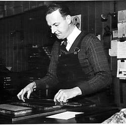 FRANK BARNES IS A COMPOSITOR IN OUR PRINTING DEPARTMENT. ONE OF FRANK'S JOBS IS TO SET THE TYPE FOR THE MANY HUNDREDS OF AGENCY NAMES AND ADDRESSES ON THE CALENDARS: `SUNSHINE REVIEW': JUNE 1949