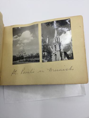 Two black and white photos glued on page of album with handwritten annotation in pencil beneath.