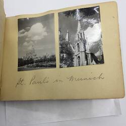 Two black and white photos glued on page of album with handwritten annotation in pencil beneath.