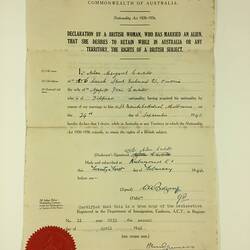 Declaration Certificate - Aileen Castillo To Retain British Citizenship, Melbourne, Victoria, 2 Apr 1946