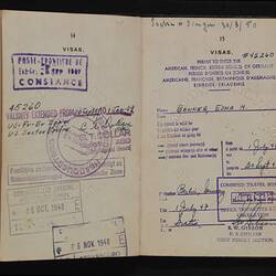 Open passport with text on both pages. Multiple black and blue stamps.