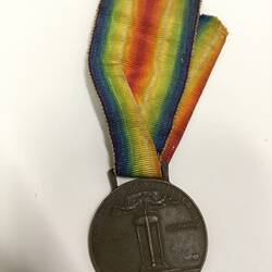 Round dark medal with rainbow-coloured striped ribbon.