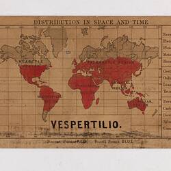 Retangular brown card with black and red text and map