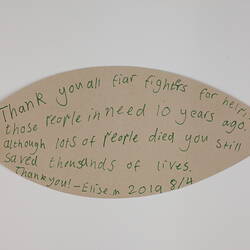 Paper Leaf - 'Thank You All Fiar [sic] Fighters', From the Heart: Remembering the 2009 Victorian Bushfires Exhibition, 2019