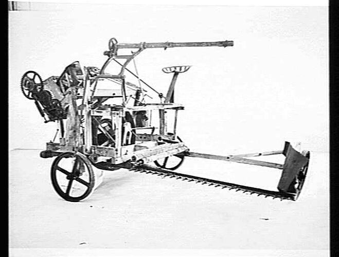 OLD WOOD FRAME HORNSBY REAPER AND BINDER. BOUGHT BY THE COMPANY FROM MR MARTIN KELLY, NATIMUK, VIC. AUG 1947