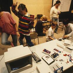 Digital Photograph - Teachers & Students Using LEGO Controllers, Sunrise Classroom, Melbourne Museum, Russell Street, 1989