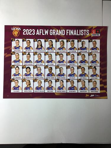 Maroon poster with printed text featuring 24 portraits of female footballers.