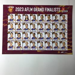 Maroon poster with printed text featuring 24 portraits of female footballers.